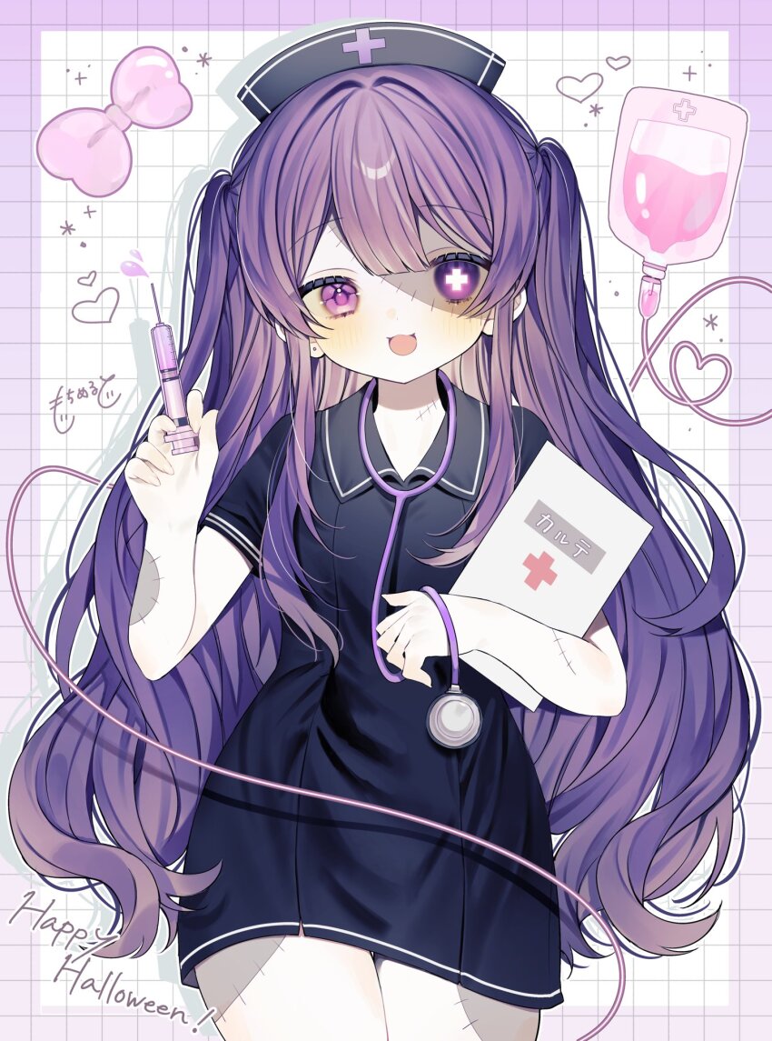 1girl beret black_shirt blood blood_bag checkered_background cowboy_shot cross-shaped_pupils cylinder hat highres holding holding_syringe long_hair melt_nem nurse_cap original patchwork_skin purple_eyes purple_hair sailor_collar shirt solo stethoscope stitched_face stitches symbol-shaped_pupils syringe two_side_up