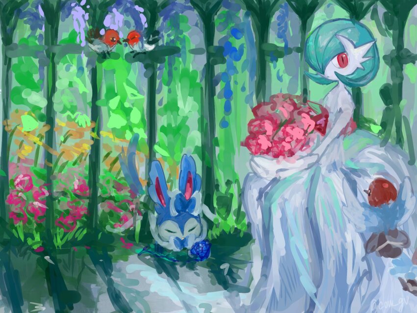 alternate_color artist_name blue_fur bob_cut bouquet bow bowtie colored_skin cow_gv dress fletchling flower gardevoir gen_3_pokemon gen_6_pokemon green_hair hair_over_one_eye highres holding holding_bouquet mega_gardevoir mega_pokemon multicolored_fur nintendo pink_eyes pokemon pokemon_(creature) shiny_pokemon sylveon white_dress white_skin