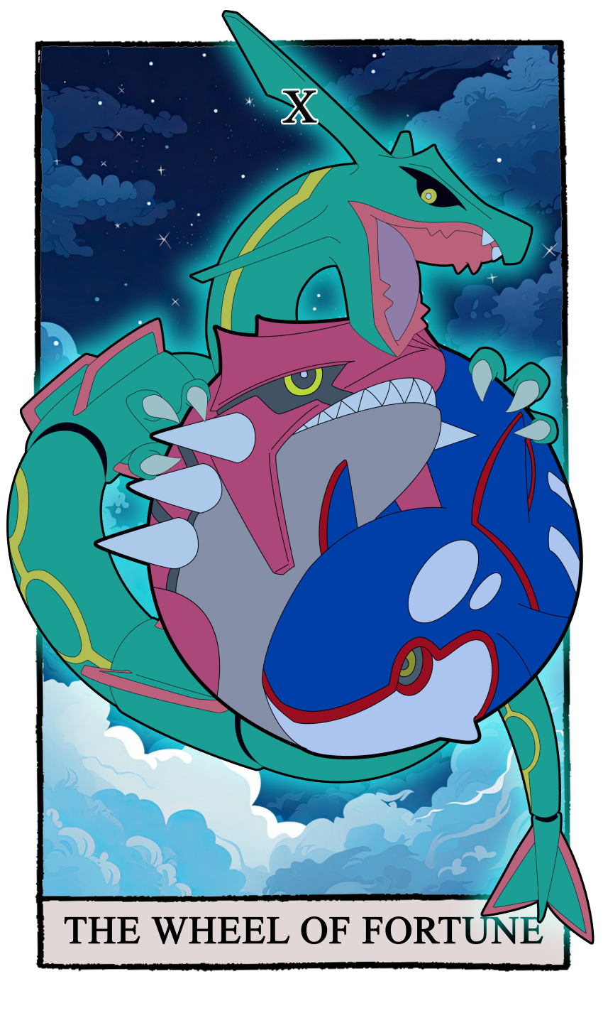 absurdres card_(medium) carrotzmoonman claws cloud commentary english_commentary flat_color gen_3_pokemon groudon highres kyogre legendary_pokemon night nintendo no_humans open_mouth outdoors pokemon pokemon_(creature) rayquaza roman_numeral screenshot_background sharp_teeth sparkle star_(sky) tarot tarot_(medium) teeth wheel_of_fortune_(tarot) yellow_eyes