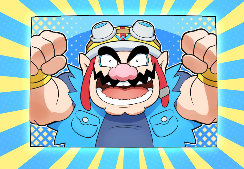 1boy blue_shirt cleft_chin clenched_hands denim denim_jacket facial_hair fingerless_gloves gloves goggles goggles_on_headwear highres hoshi_(star-name2000) jacket looking_at_viewer mustache nintendo open_mouth pointy_ears shirt square thick_eyebrows wario warioware warioware:_get_it_together! yellow_gloves