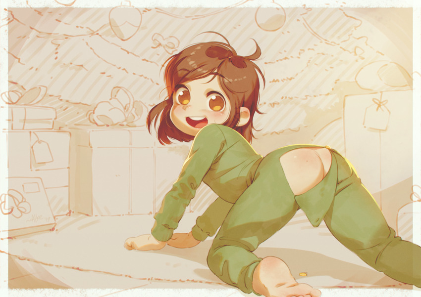 1girl alkemanubis all_fours ass barefoot blush brown_eyes brown_hair butt_crack butt_flap button christmas christmas_ornaments christmas_present christmas_tree feet female_focus freckles gift green_pajamas green_pants green_shirt happy highres loli long_sleeves looking_at_viewer looking_back open_mouth open_pajamas original pajamas pants shirt short_hair smile solo teeth unbuttoned unbuttoned_pants wardrobe_malfunction
