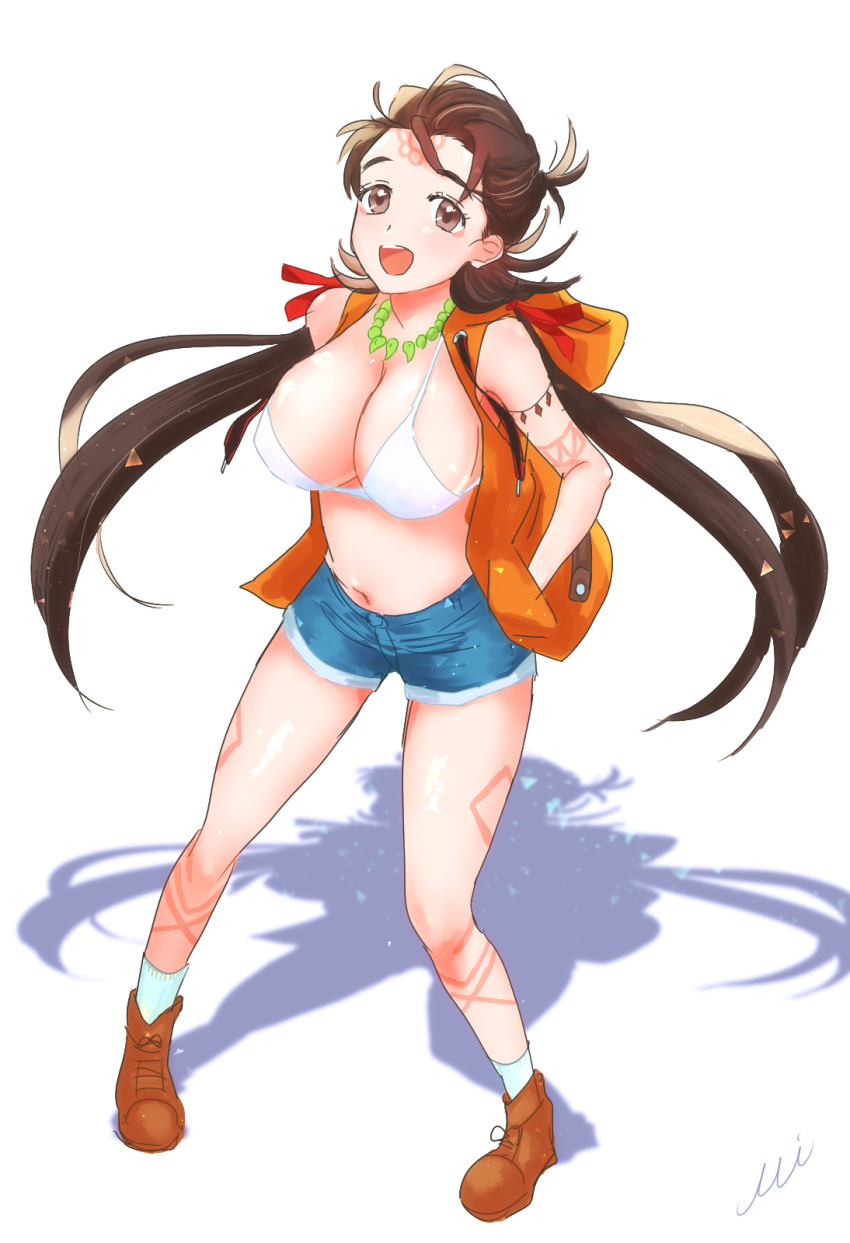 1girl :d @mi_ne_ral bead_necklace beads bikini blue_shorts body_markings boots breasts brown_boots brown_eyes brown_hair cleavage commentary_request cutoff_jeans cutoffs facial_mark fate/grand_order fate_(series) forehead_mark hands_in_pockets heroic_spirit_tour_outfit highres himiko_(fate) himiko_(tour_outfit)_(fate) hood hood_down hooded_vest hoodie jewelry large_breasts long_hair low_twintails magatama magatama_necklace mi_(user_cfhn8773) navel necklace open_clothes open_mouth open_vest orange_vest shadow shorts smile socks solo swimsuit twintails very_long_hair vest white_background white_bikini white_socks