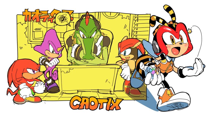 5boys abdomen_tail animal_nose antennae black_helmet chain chain_necklace charmy_bee colored_skin crocodile crocodile_boy crocodilian crossed_arms curled_tail desk espio_the_chameleon gloves green_skin headphones helmet highres horns insect_wings jewelry knuckles&#039;_chaotix knuckles_the_echidna leaning_on_table limited_palette looking_down mighty_the_armadillo multiple_boys necklace open_mouth orange_vest pointy_nose purple_eyes purple_skin reptile_boy single_horn sitting smile snout sonic_(series) sonic_the_hedgehog_(classic) spiked_gloves spoken_squiggle squatting squiggle stinger thinking tokiwa757 vector_the_crocodile vest white_gloves wings yellow_eyes