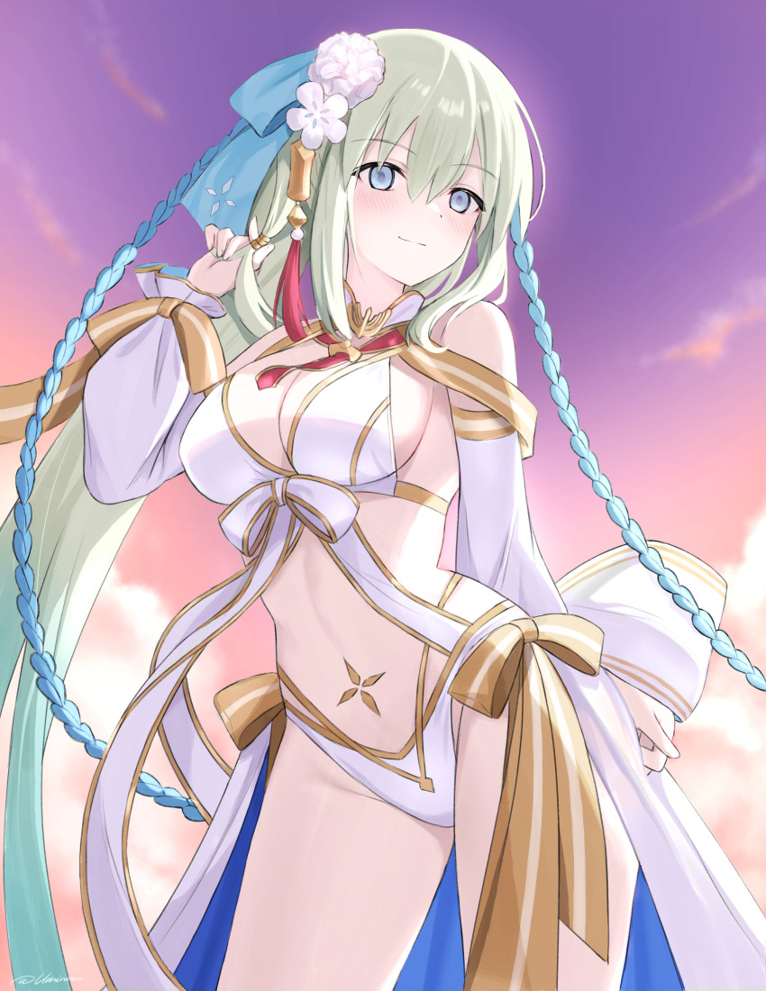 1girl absurdres bare_shoulders bikini blue_eyes blush bow braid breasts cleavage detached_sleeves fate/grand_order fate_(series) flower gold_trim grey_hair hair_bow hair_flower hair_ornament highres large_breasts long_hair long_sleeves looking_at_viewer morgan_le_fay_(fate) morgan_le_fay_(water_princess)_(fate) navel ponytail puffy_long_sleeves puffy_sleeves sidelocks smile solo stomach_tattoo swimsuit tattoo umirunie very_long_hair white_bikini