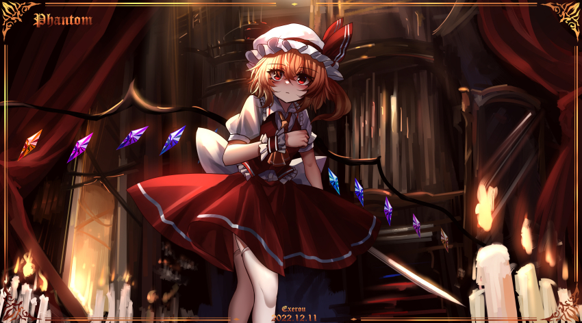 1girl absurdres ascot back_bow blonde_hair bow closed_mouth collared_shirt crystal dated english_text feet_out_of_frame flandre_scarlet frilled_shirt_collar frilled_vest frills hair_between_eyes hat hat_ribbon highres holding holding_sword holding_weapon indoors instrument large_bow looking_at_viewer medium_hair mob_cap multicolored_wings organ_(instrument) puffy_short_sleeves puffy_sleeves red_curtains red_ribbon red_skirt red_vest ribbon shirt short_sleeves side_ponytail skirt skirt_set solo sword thighhighs top-exerou touhou vest weapon white_bow white_hat white_shirt white_thighhighs wings wrist_cuffs yellow_ascot