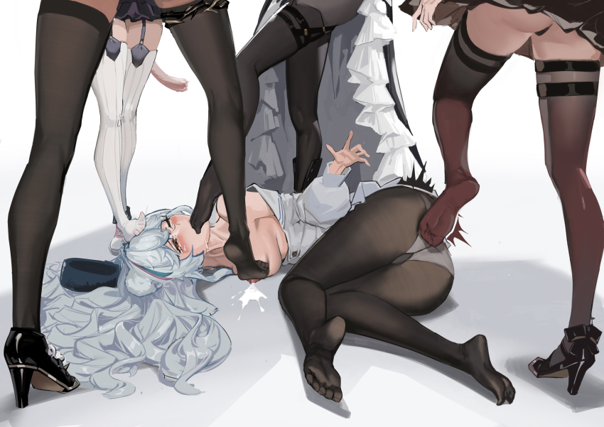 5girls absurdres abuse animal_ears arknights bear black_pantyhose breast_milk bullying caijidayisheng foot_on_another&#039;s_face goldenglow_(arknights) hair_spread_out half-closed_eyes hat high_heels highres kicking lactation multiple_girls off_shoulder panties pantyhose pantyshot penance_(arknights) pink_shoes polar_bear rosa_(arknights) sadism shoes specter_(arknights) specter_the_unchained_(arknights) stepped_on stepping_on_breast surtr_(arknights) toe_sucking underwear unworn_hat unworn_headwear violence white_hair yuri