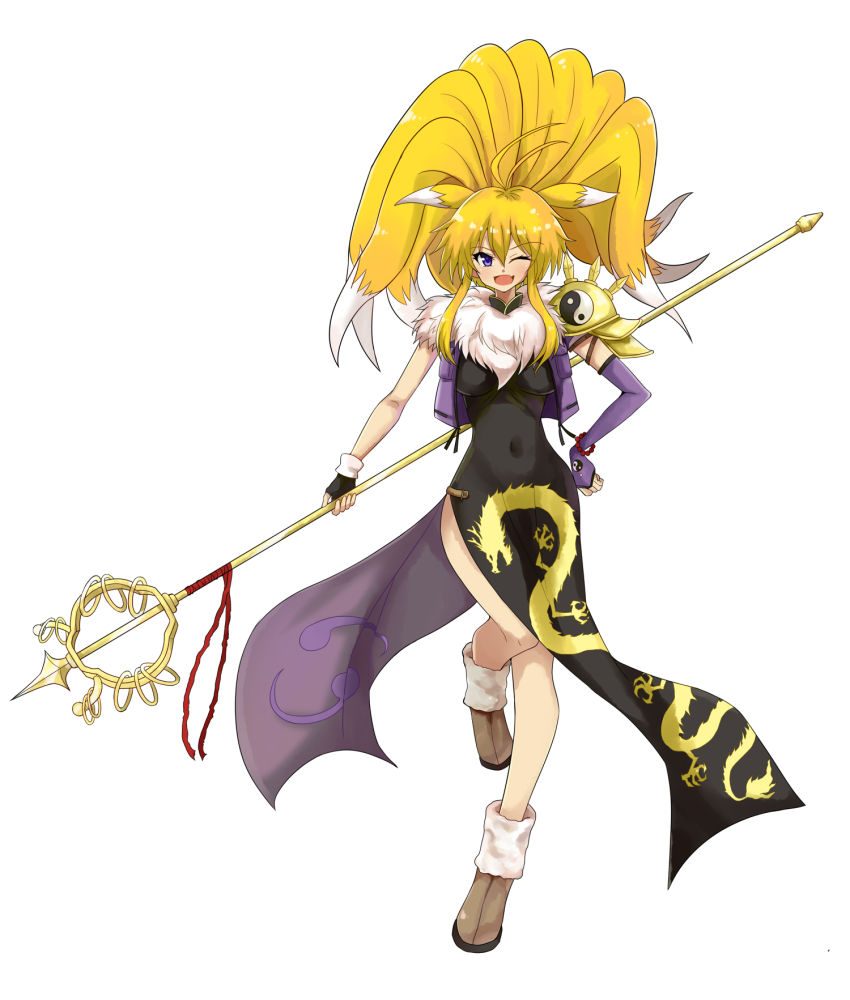 digimon digimon_(creature) fusion highres looking_at_viewer namco_x_capcom one_eye_closed renamon sakuyamon tight_clothes wink xiaomu yin_yang