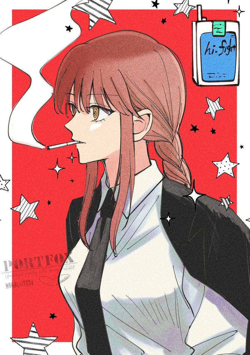 1girl absurdres black_jacket black_necktie border chainsaw_man cigarette collared_shirt highres jacket jacket_on_shoulders long_hair makima_(chainsaw_man) minato_x3710 mouth_hold necktie red_background red_hair ringed_eyes shirt smoke smoking solo star_(symbol) white_border white_shirt yellow_eyes