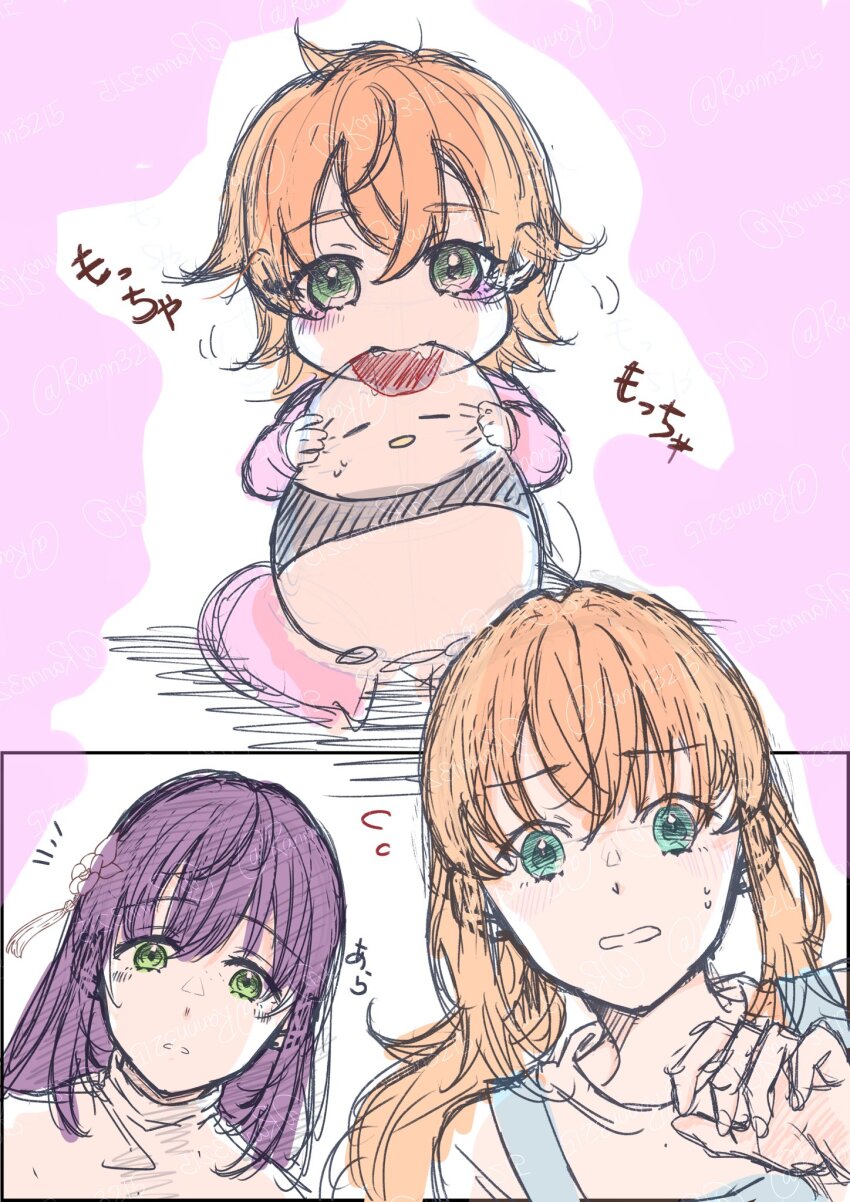 3girls apron aqua_eyes biting blue_apron cerise_bouquet earrings family flying_sweatdrops green_eyes highres hinoshita_kaho if_they_mated ips_cells jewelry link!_like!_love_live! long_hair love_live! multiple_girls notice_lines onesie orange_hair otomune_hinata_(soora0202) otomune_kozue parted_lips purple_hair ranmaro saliva sidelocks sound_effects stuffed_animal stuffed_bird stuffed_toy sweat toddler translation_request tsuru_(love_live!) twintails virtual_youtuber wife_and_wife