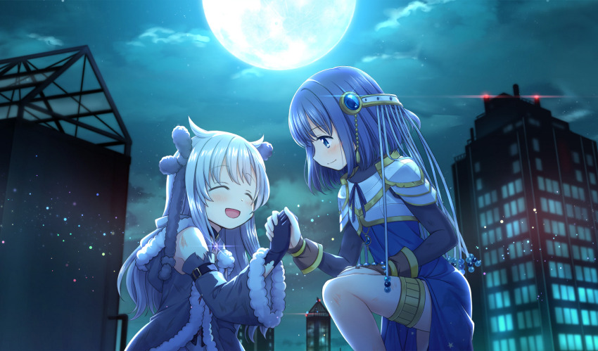 2girls ^_^ arm_belt armor artist_request azusa_mifuyu bare_shoulders belt belt_buckle black_belt black_gloves black_shirt blue_bow blue_bowtie blue_dress blue_eyes blue_gemstone blue_hair bow bowtie breastplate brown_bridal_gauntlets buckle building closed_eyes closed_mouth cloud cloudy_sky detached_sleeves dot_nose dress feet_out_of_frame full_moon fur-trimmed_jacket fur-trimmed_sleeves fur_trim game_cg gem gleam gloves gold_buckle gold_thighlet grey_bow grey_jacket grey_sleeves hair_bow hair_horns hair_ornament hand_on_own_knee happy highres holding_hands jacket light_blush light_particles long_dress long_hair long_sleeves looking_at_another magia_record:_mahou_shoujo_madoka_magica_gaiden magical_girl mahou_shoujo_madoka_magica mahou_shoujo_madoka_magica_magia_exedra medium_hair moon multiple_girls nanami_yachiyo night night_sky official_alternate_hairstyle official_art on_one_knee on_rooftop open_mouth outdoors pauldrons pointy_nose shirt shoulder_armor side_slit sky skyscraper sleeveless sleeveless_dress sleeveless_jacket smile star_(symbol) star_print string tareme tassel tassel_hair_ornament turtleneck turtleneck_shirt veil wavy_hair white_hair white_veil wide_sleeves