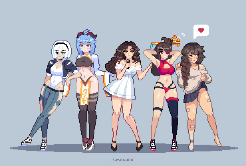 2b_(nier:automata) 5girls ahoge animated animated_gif arms_behind_head arms_up artist_name bandaid bandaid_on_leg bare_shoulders barefoot beidou_(genshin_impact) black_panties blue_hair bouncing_breasts braid breasts brown_hair choker cleavage_cutout clothes_lift clothing_cutout commentary crop_top cropped_jacket crossover dancing denim dress english_commentary eyepatch full_body ganyu_(genshin_impact) genshin_impact goat_horns green_eyes grey_background groin hair_flip hair_ornament hair_over_one_eye hair_over_shoulder hair_stick hairband heart holding holding_microphone horns jeans large_breasts legs_apart leotard leotard_under_clothes lifting_own_clothes lineup long_hair long_sleeves looking_at_viewer lowleg lowleg_pants microphone midriff multi-strapped_panties multicolored_hair multiple_girls music natalya_musica navel nier:automata nier_(series) no_blindfold no_panties off-shoulder_dress off-shoulder_sweater off_shoulder original panties pants pixel_art purple_eyes real_life red_hair red_panties shoes short_hair sim0n404 simple_background singing single_thighhigh skirt skirt_lift sneakers spoken_heart standing streaked_hair sweater tan thigh_strap thighhighs underwear white_dress white_hair white_leotard wide_sleeves