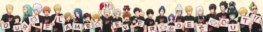 4girls 6+boys absurdres angry animal_hat basil belphegor_(reborn) black_hair black_shirt blonde_hair blue_eyes blue_hair blush boxing_gloves brown_hair byakuran candy chibi chikusa chrome_dokuro closed_eyes dino dino_cavallone everyone eyepatch facial_hair food glasses gokudera_hayato green_eyes green_hair grey_hair grin hair_over_eyes hat heart hibari_kyouya highres horns i-pin irie_shoichi jewelry kakimoto_chikusa katekyo_hitman_reborn! kikyo_(reborn) lal_mirch lambo leviathan_(reborn) lollipop long_hair long_image lussuria lussuria_(reborn) mammon_(reborn) miura_haru multiple_boys multiple_girls mustache orange_hair ponytail purple_eyes purple_hair reborn red_eyes rokudou_mukuro sasagawa_kyoko sasagawa_kyouko sasagawa_ryohei sawada_tsunayoshi shirt short_hair simple_background smile spanner_(reborn!) superbi_squalo tattoo tiara uni_(reborn) white_hair wide_image xanxus yamamoto_takeshi
