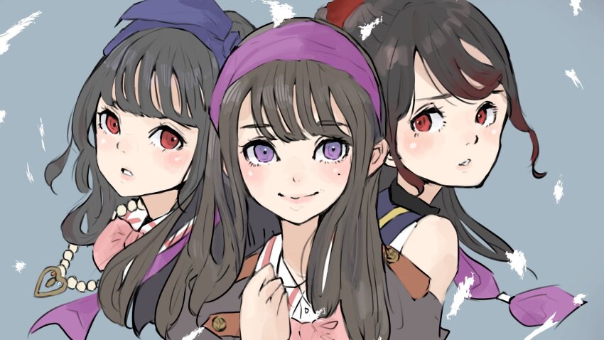 3girls assault_lily bare_shoulders black_hair blue_bow blue_hairband blue_sailor_collar blush bow bow_hairband bowtie brown_hair brown_jacket closed_mouth collared_shirt commentary_request cropped_torso gradient_hair grey_background hair_bow hair_ribbon hairband hand_up heart_pendant highres jacket jewelry kishimoto_maria_mirai kuroki_francisca_yuria long_hair looking_at_another looking_to_the_side ludvico_private_girls&#039;_academy_school_uniform mole mole_under_eye multicolored_hair multiple_girls nagasawa_yuki_(assault_lily) neckerchief necklace odaiba_girls_high_school_uniform parted_lips pearl_necklace pendant pink_bow pink_bowtie ponytail portrait purple_eyes purple_hairband purple_neckerchief purple_ribbon red_eyes red_hair ribbon sailor_collar sally_(allogkk) school_uniform shirt sidelocks sideways_glance sleeveless sleeveless_shirt smile two-tone_hair white_shirt