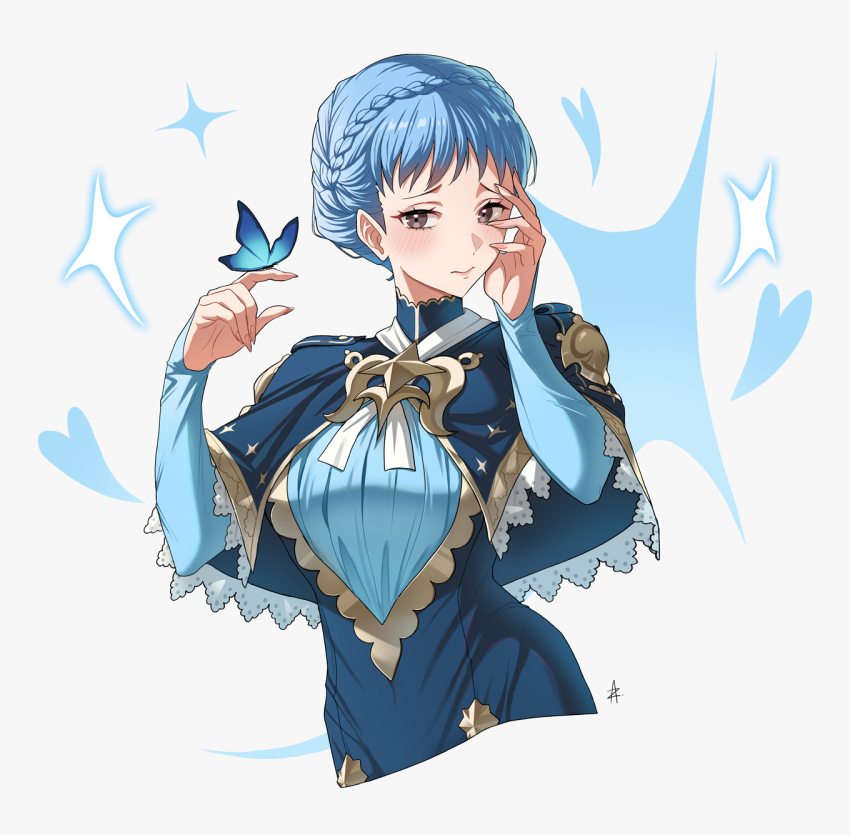 1girl blue_capelet blue_dress blue_hair blush braid breasts brown_eyes bug butterfly capelet closed_mouth cropped_torso crown_braid dress fire_emblem fire_emblem:_three_houses heart highres insect long_sleeves marianne_von_edmund marianne_von_edmund_(timeskip) medium_breasts nintendo solo star_(symbol) zedoraart