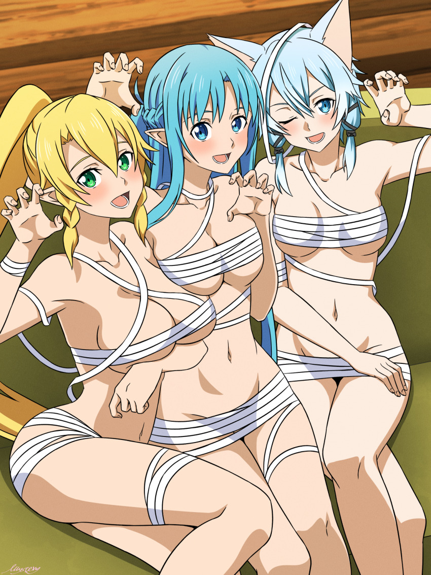 3girls animal_ears asuna_(sao) asuna_(sao-alo) bandage_on_hair bandaged_arm bandaged_chest bandaged_leg bandaged_neck bandages blonde_hair blue_eyes blue_hair cat_ears claw_pose green_eyes halloween halloween_costume highres leafa_(sao) long_hair looking_at_viewer multiple_girls mysteryctu naked_bandage navel no_bra no_panties open_mouth paw_pose sinon sinon_(sao-alo) sword_art_online