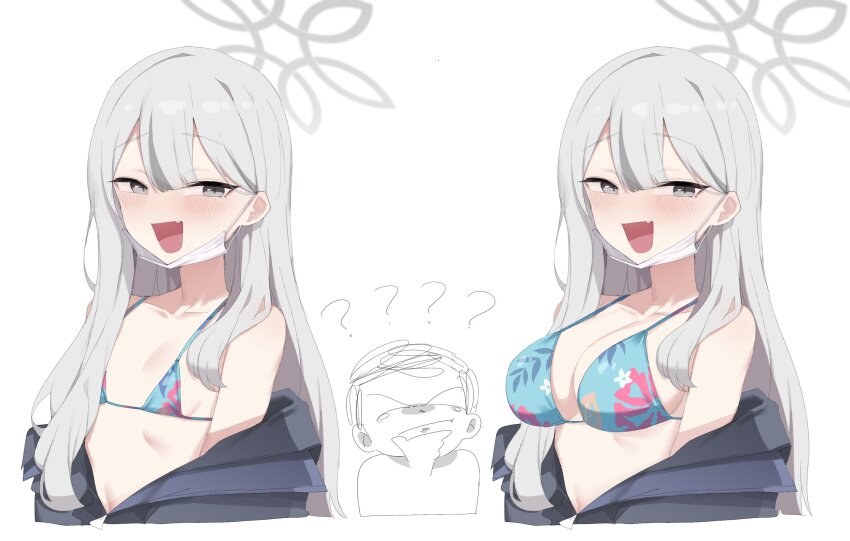1boy 1girl alternate_breast_size bare_shoulders bikini bikini_top_only blue_archive blue_jacket blush doodle_sensei_(blue_archive) fang flat_chest floral_print grey_eyes gurenola hair_between_eyes highres jacket konoka_(blue_archive) long_hair looking_at_viewer no_shirt open_mouth sensei_(blue_archive) sidelocks skin_fang string_bikini swimsuit white_hair