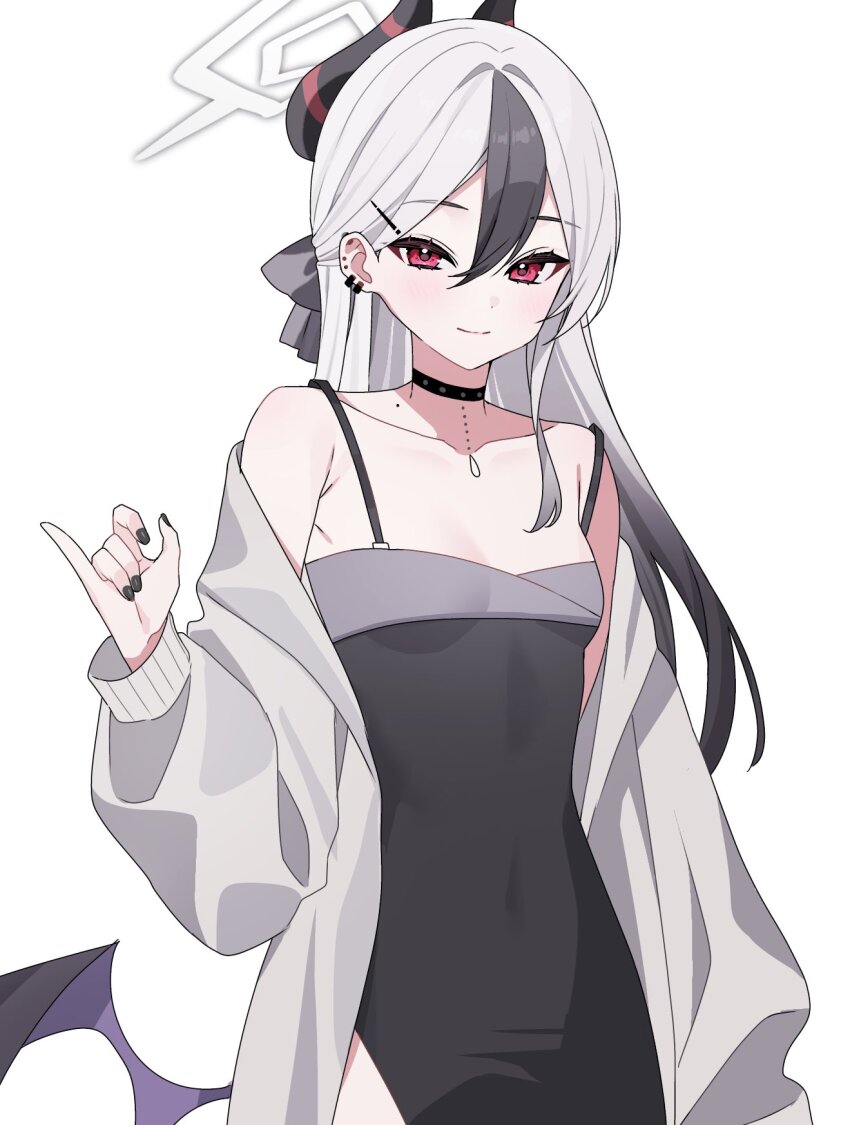 1girl bare_shoulders black_choker black_dress black_horns black_nails blue_archive blush breasts cardigan cardigan_partially_removed choker closed_mouth collarbone commentary_request cowboy_shot demon_girl demon_horns demon_wings double-parted_bangs dress ear_piercing earrings eyelashes gradient_hair grey_cardigan grey_halo hair_between_eyes halo hand_up highres horns jewelry kayoko_(blue_archive) kayoko_(dress)_(blue_archive) long_hair looking_at_viewer low_wings mole mole_on_neck multicolored_hair nail_polish official_alternate_costume official_alternate_hairstyle piercing pinky_out red_eyes simple_background sleeveless sleeveless_dress small_breasts smile solo spaghetti_strap tsurime two-tone_hair ugai0524 white_background wings