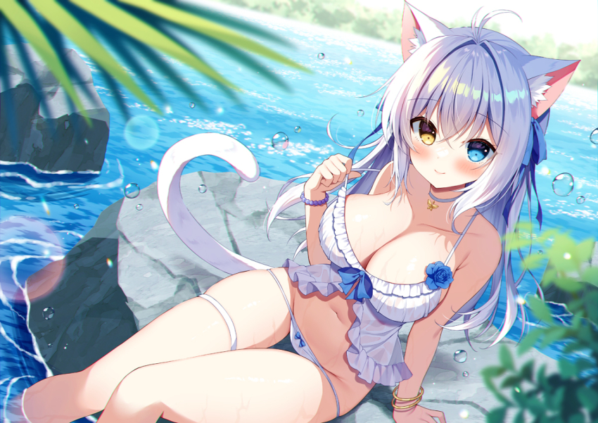 1girl aina_rive animal_ear_fluff animal_ears antenna_hair arm_support babydoll blue_bow blue_eyes blue_flower blue_rose blush bow breasts cat_ears cat_girl cat_tail cleavage collarbone commentary_request flower frilled_babydoll grey_hair hair_intakes hair_ribbon heterochromia large_breasts lens_flare looking_at_viewer mauve navel on_rock original palm_leaf ribbon rock rose sitting solo tail thigh_strap thighs water_drop white_babydoll yellow_eyes