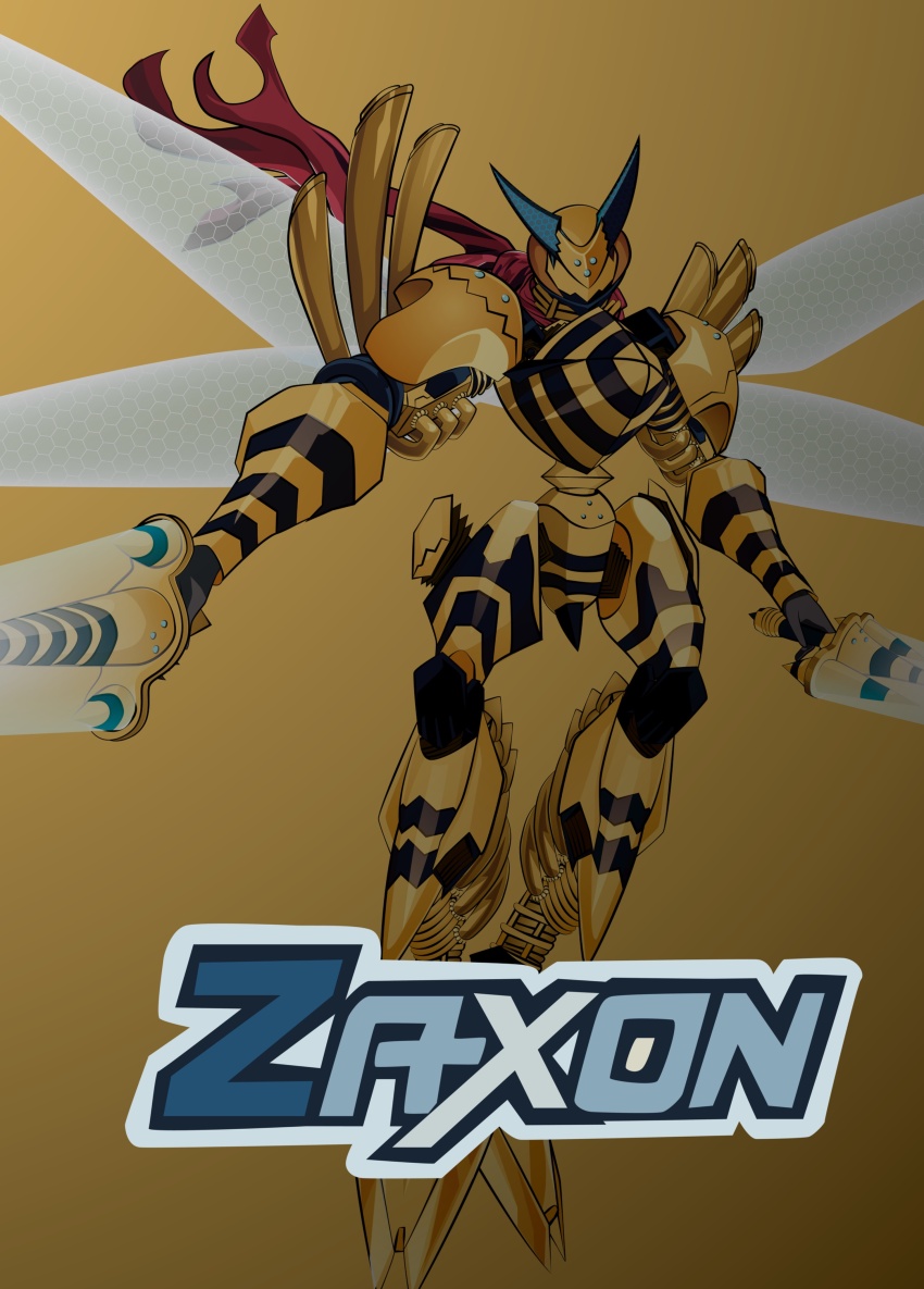 absurdres armor bug digimon digimon_(creature) digimon_story:_cyber_sleuth dual_wielding full_body helmet highres holding insect_wings red_scarf scarf simple_background tai_(cheungsk1213) tigervespamon wings yellow_armor yellow_background yellow_helmet