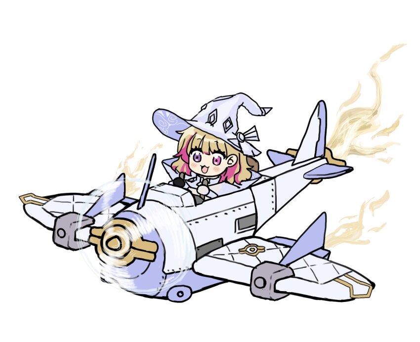 1girl aircraft airplane blonde_hair chibi diabellze_the_original_sinkeeper duel_monster flying hat heterochromia highres multicolored_hair pink_eyes pink_hair purple_eyes riding solo tokage_(tokageymimr) two-tone_hair white_hat witch_hat yu-gi-oh!