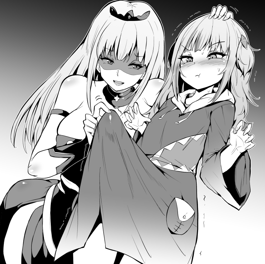 1futa 1girl absurdres age_difference bare_shoulders blush bottomless breasts bulge detached_collar erection erection_under_clothes futa_with_female futanari gawr_gura gawr_gura_(1st_costume) gradient_background greyscale hair_ornament hand_on_another&#039;s_head highres hololive hololive_english hood hoodie huge_penis jewelry large_breasts loli long_hair looking_to_the_side makin_tama medium_hair monochrome mori_calliope mori_calliope_(1st_costume) necklace onee-loli open_mouth penis penis_poke pout shaded_face size_difference small_breasts sweatdrop teasing tiara virtual_youtuber