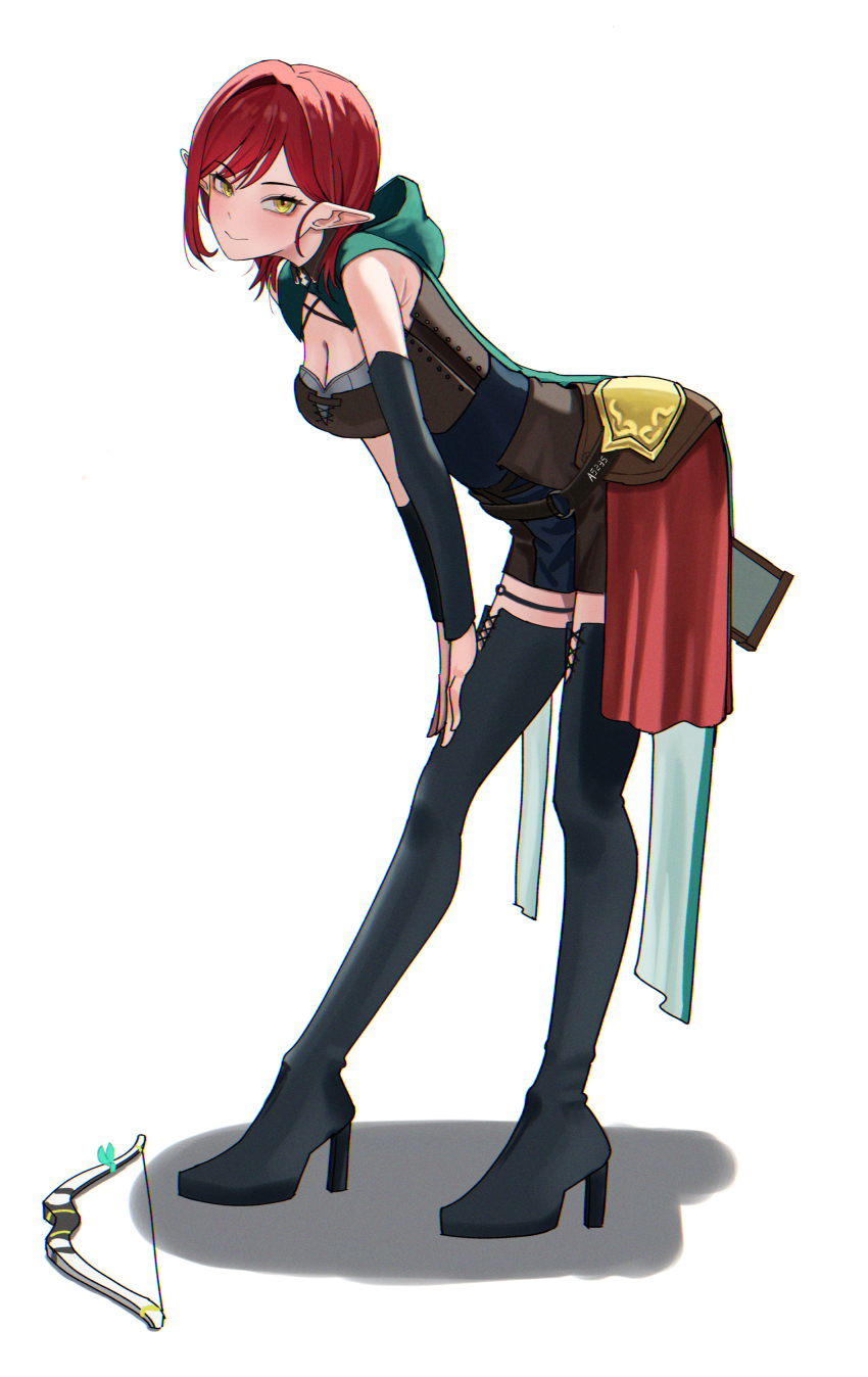1girl a5235 absurdres black_boots boots bow_(weapon) breasts castle_knight_charlotte cleavage green_hoodie highres hood hoodie pointy_ears red_hair short_hair simple_background thigh_boots thighhighs virtual_youtuber waktaverse weapon white_background yellow_eyes