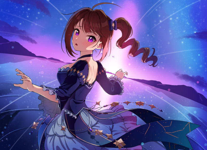 1girl ahoge blue_dress breasts choker crying crying_with_eyes_open dress frilled_dress frills from_side highres idolmaster idolmaster_million_live! idolmaster_million_live!_theater_days kamille_(vcx68) looking_at_viewer medium_breasts night night_sky purple_eyes red_hair side_ponytail sky tears yokoyama_nao