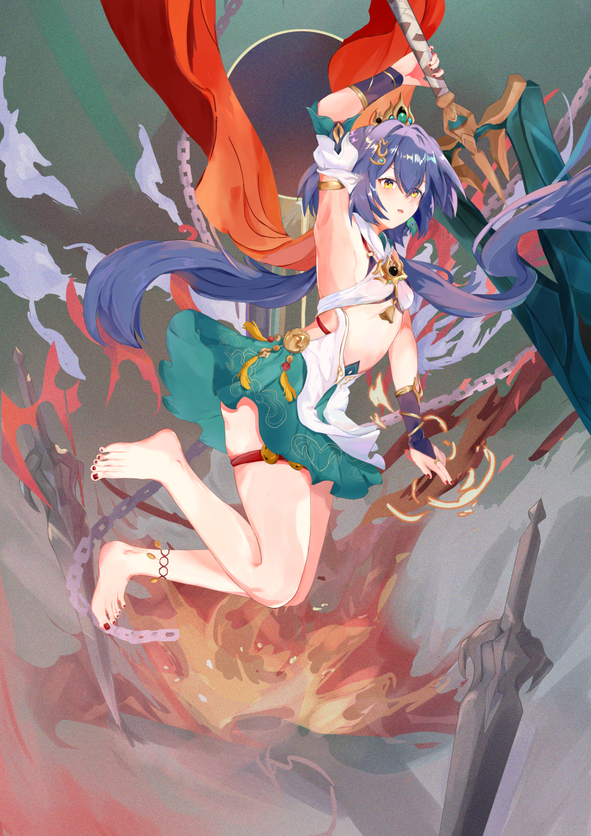 1girl absurdres barefoot blue_hair cape chain explosion floating full_body green_skirt highres holding holding_polearm holding_weapon honkai:_star_rail honkai_(series) low_twintails midriff polearm red_cape sa_(user_mwtj3755) skirt solo thighs trident twintails weapon yellow_eyes yunli_(honkai:_star_rail)