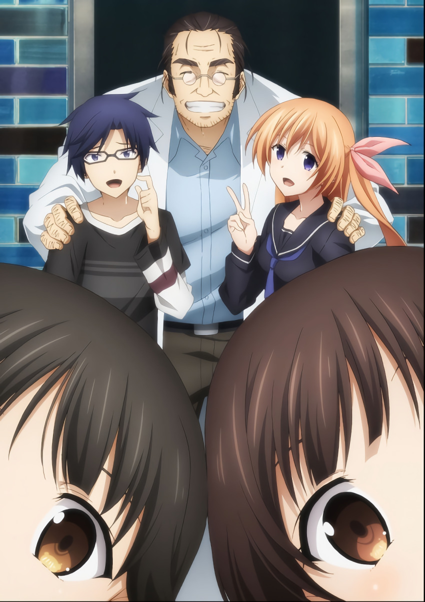 2girls 3boys aged_down arimura_hinae belt black_belt black_hair black_pants black_serafuku blue_eyes blue_hair blue_shirt blunt_bangs bow brother_and_sister brown_eyes buttons chaos;child child clenched_teeth collarbone collared_shirt doctor glasses grin hair_bow heads_together highres lab_coat lapels long_hair long_sleeves mature_male miyashiro_takuru mouth_out_of_frame multiple_boys multiple_girls nervous notched_lapels official_art open_collar open_mouth pants pink_hair purple_eyes round_eyewear sakuma_wataru school_uniform serafuku shiny_eyes shirt short_hair siblings smile tachibana_yui tachibana_yuuto teeth tongue v