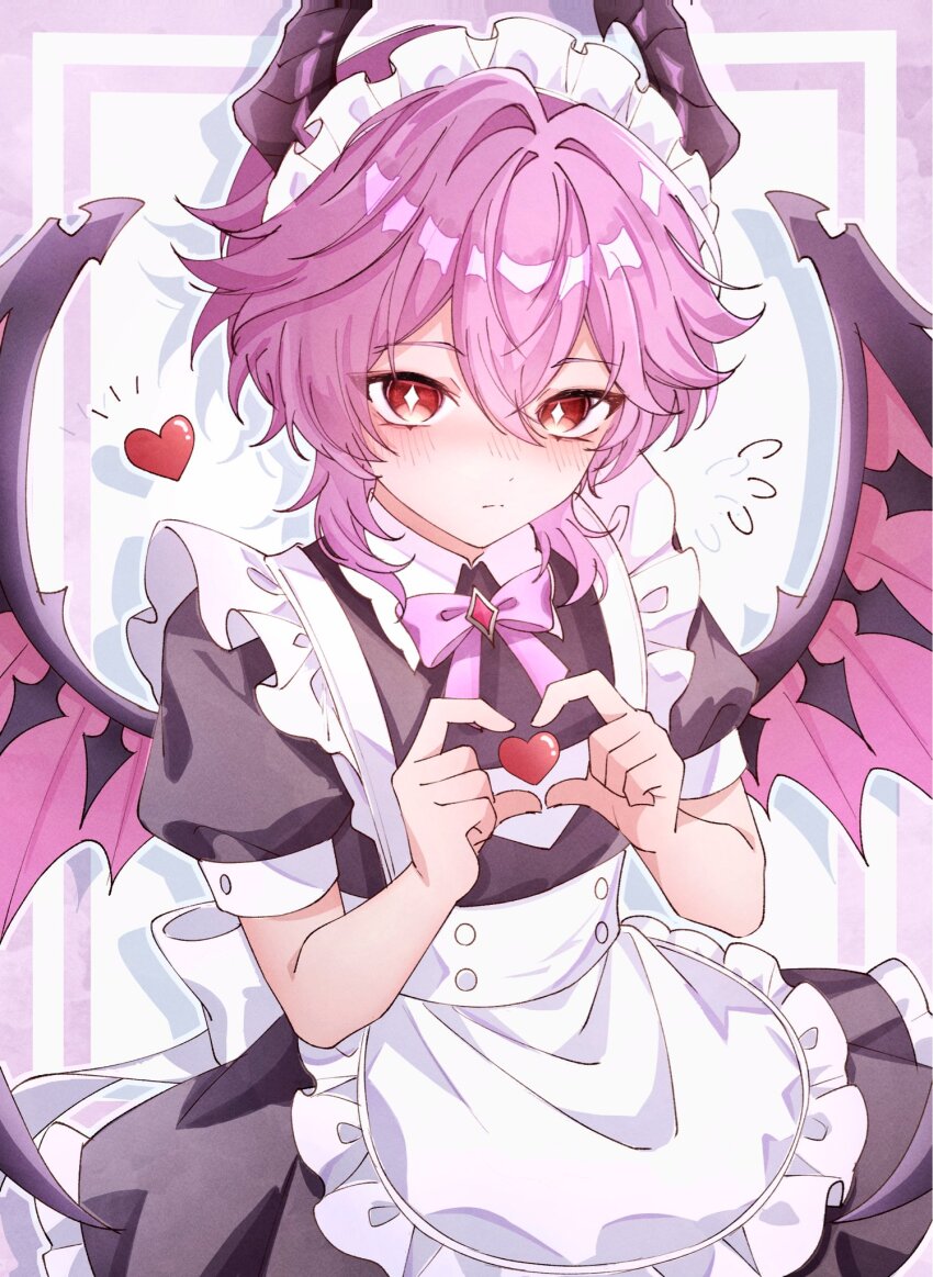 1boy apron black_dress bow bowtie crossdressing crossdressing_(mtf) dragon_horns dragon_wings dress frilled_apron frills genshin_impact hair_between_eyes heart heart_hands highres horns kuro774_n long_hair maid maid_apron maid_headdress male_focus male_maid mini_durin_(genshin_impact) mini_durin_(human)_(genshin_impact) pink_bow pink_bowtie pink_hair red_eyes simple_background solo white_apron wings