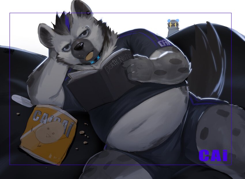1boy arknights artist_name belly black_hair black_pants black_shirt bulge chinese_commentary chips_(food) collar commentary_request crumbs death_note_(object) diffraction_spikes doctor_(arknights) ear_piercings eyebrow_piercing fat fat_man food food_in_mouth furry furry_male grey_fur highres hyena_boy hyena_ears hyena_tail male_focus multicolored_hair navel pants piercing potato_chips shirt shoyuna_(cai1448331577) signature sitting spot_(arknights) spots streaked_hair thighs white_background