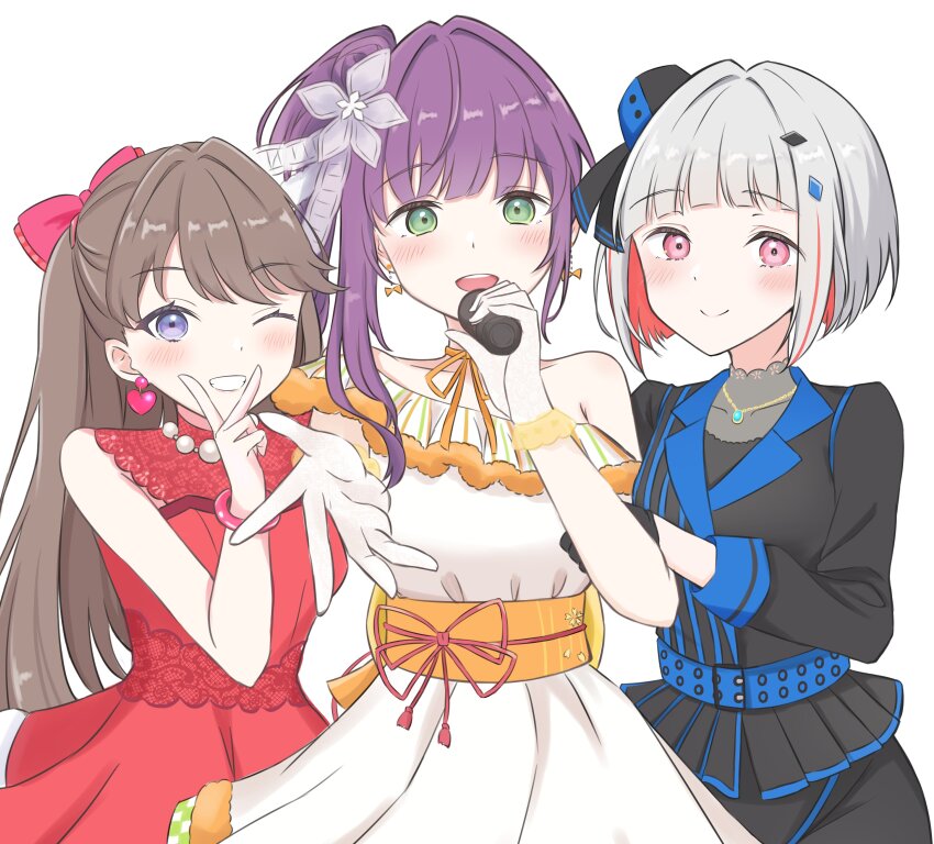 3girls 4th_live_dream_~bloom_the_dream_believers~ :d ;d absurdres armpit_crease awoke_(love_live!) bare_shoulders black_gloves black_pants blue_hat blue_jacket bob_cut bow breasts brown_hair choker closed_mouth collarbone colored_inner_hair commentary_request cowboy_shot diamond_hair_ornament do!_do!_do!_(love_live!) dress flower flower_stand_art frilled_dress frills fujishima_megumi fur-trimmed_dress fur_trim gloves green_eyes grey_hair grin hair_bow hair_bun hair_flower hair_intakes hair_ornament hand_on_another&#039;s_arm hat highres inverted_bob iroha_(nami3) jacket link!_like!_love_live! long_hair long_sleeves looking_at_viewer love_live! medium_breasts mini_hat multicolored_hair multiple_girls obi obijime official_alternate_costume one_eye_closed open_mouth orange_choker orange_ribbon orange_sash orange_trim otomune_kozue pants pink_bow pink_eyes purple_hair red_bow red_dress red_hair ribbon ribbon_choker sash see-through_clothes short_hair side_ponytail sidelocks single-shoulder_dress single_side_bun sleeveless sleeveless_dress smile split_mouth streaked_hair suisai_sekai tilted_headwear two_side_up v v_over_mouth virtual_graduation_commemoration virtual_youtuber white_dress white_gloves yugiri_tsuzuri