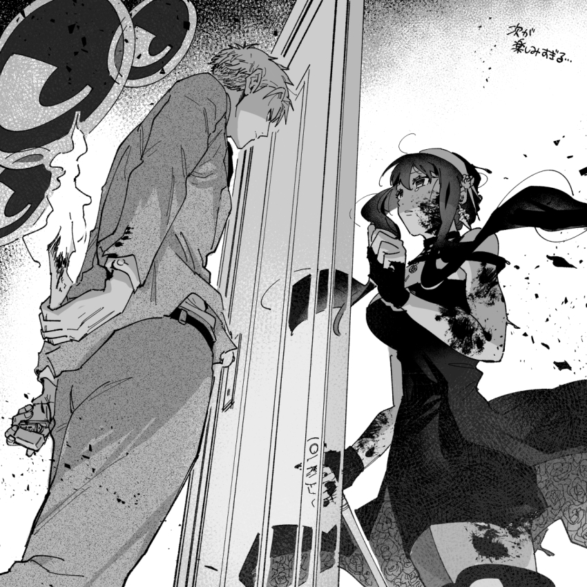 1boy 1girl bare_shoulders black_dress black_hair blood blood_on_clothes blood_on_face breasts cleavage dagger dress earrings flower gloves gold_earrings gold_hairband hair_ornament hairband highres holding holding_dagger holding_knife holding_weapon husband_and_wife jewelry knife korokoro_daigorou large_breasts long_hair sidelocks spy_x_family stiletto_(weapon) tearing_up twilight_(spy_x_family) two-sided_dress two-sided_fabric weapon yor_briar