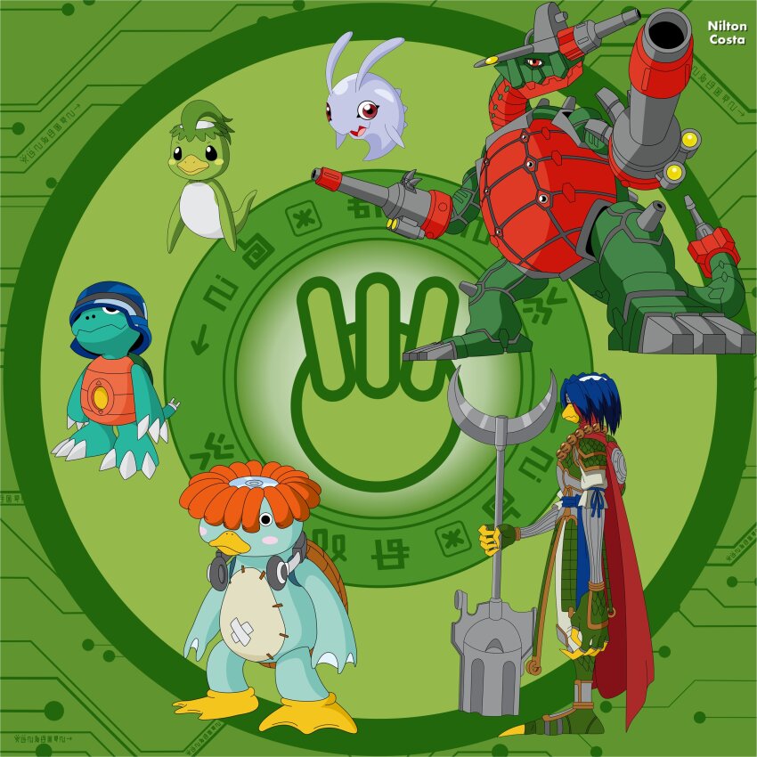 armor chapmon claws digimon digimon_(creature) evolutionary_line gawappamon headphones highres jumbogamemon kamemon kappa pitchmon shawujinmon tail turtle