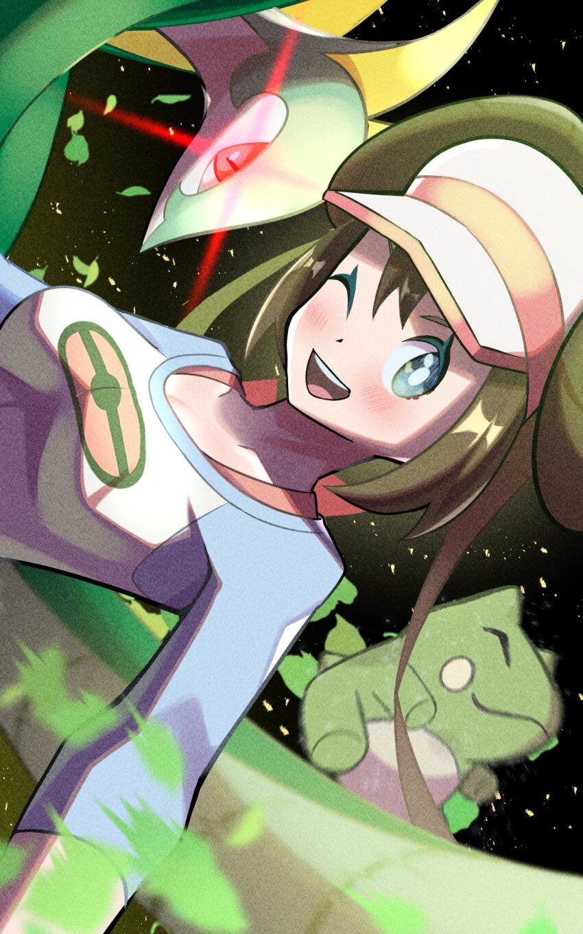black_background blue_eyes breasts brown_hair donut_hair_bun double_bun gen_5_pokemon glowing glowing_eyes hair_bun hat highres inana_umi long_hair medium_breasts motion_blur nintendo one_eye_closed pokemon pokemon_(creature) pokemon_bw2 red_eyes rosa_(pokemon) serperior shirt snake substitute_(pokemon) visor_cap white_hat white_shirt