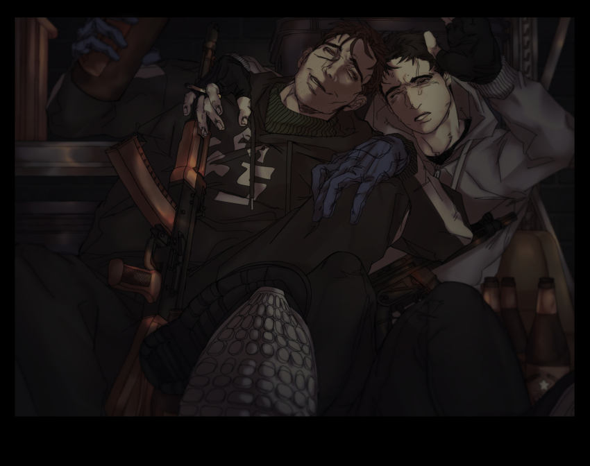 2boys ;d absurdres afraid_of_monsters arm_over_shoulder arm_up assault_rifle black_gloves black_hoodie bottle closed_eyes couch cry_of_fear david_leatherhoff drunk explosive fingerless_gloves glass_bottle gloves grenade grey_hoodie grin gun highres holding holding_bottle holding_gun holding_weapon hood hood_down hoodie implied_yaoi ju-san leaning_on_person letterboxed male_focus multiple_boys on_couch one_eye_closed open_mouth print_hoodie rifle scar scar_on_face simon_henriksson sitting smile sweat turtleneck weapon window wine_bottle