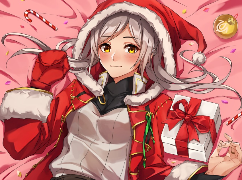 1girl adapted_costume blush box candy candy_cane christmas_ornaments closed_mouth female_focus female_robin_(fire_emblem) fire_emblem fire_emblem_awakening food fur_trim gift gift_box grey_hair hat kamu_(kamuuei) long_sleeves lying male_robin_(fire_emblem) male_robin_(fire_emblem)_(cosplay) mittens nintendo on_back pom_pom_(clothes) red_hat red_mittens santa_hat smile solo twintails upper_body