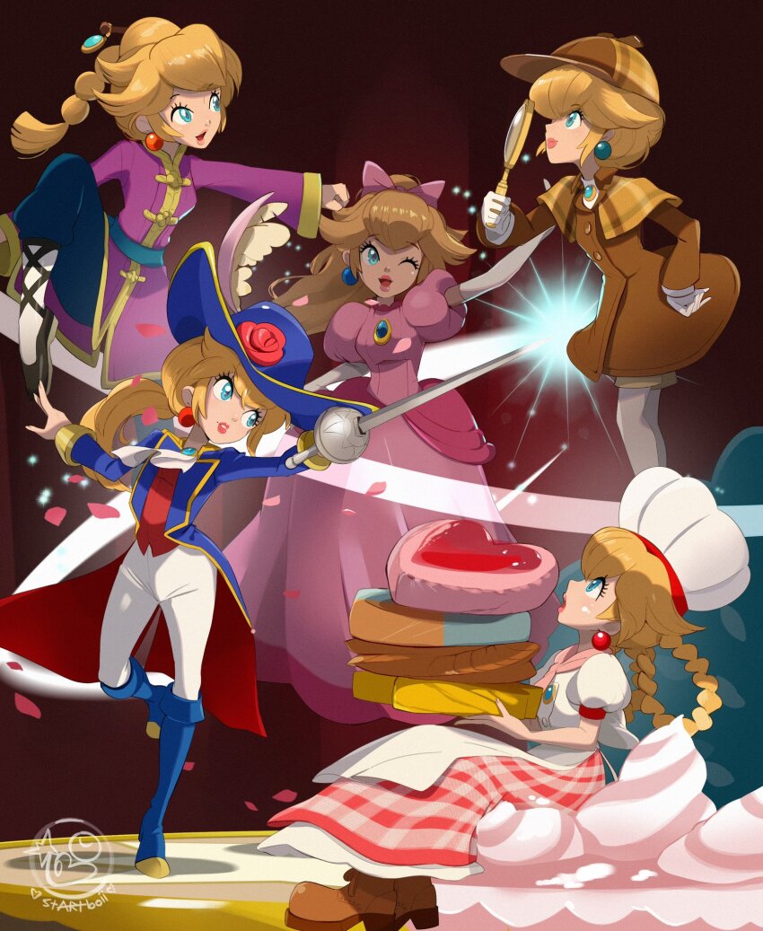 4girls apron ascot blonde_hair blue_eyes blue_footwear blue_jacket boots bow brooch brown_coat brown_footwear brown_headwear chef_hat chinese_clothes coat deerstalker detective_peach dress earrings elbow_gloves flower food gloves hair_bow hat hat_feather hat_flower highres holding holding_food holding_magnifying_glass holding_sword holding_weapon jacket jewelry kung_fu_peach long_hair magnifying_glass mario_(series) multiple_girls multiple_persona nintendo official_alternate_costume one_eye_closed open_clothes open_jacket pants patissiere_peach petals pink_bow pink_dress princess_peach princess_peach:_showtime! puffy_short_sleeves puffy_sleeves rapier red_flower red_rose red_vest rose short_sleeves sphere_earrings startboii sword swordfighter_peach vest weapon white_apron white_ascot white_gloves white_pants