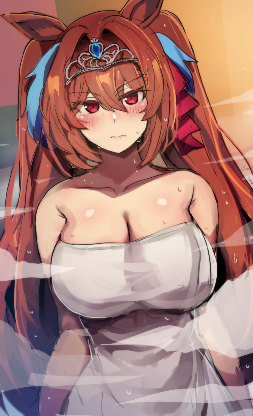 1girl absurdres after_bathing animal_ears blush breasts brown_hair cleavage closed_mouth collarbone commentary daiwa_scarlet_(umamusume) english_commentary hair_intakes highres hinghoi horse_ears horse_girl large_breasts long_hair looking_at_viewer naked_towel red_eyes solo tiara towel twintails umamusume very_long_hair wet