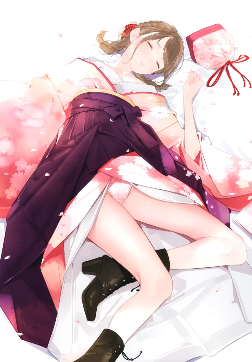 1girl absurdres ama_mitsuki ankle_boots bag bare_legs black_boots blush boots braid brown_hair closed_eyes collarbone dated hakama hakama_skirt head_tilt high_heel_boots high_heels highres hip_vent japanese_clothes kimono lace-up_boots long_hair long_sleeves lying non-web_source on_back original panties pantyshot parted_lips petals pink_kimono purple_hakama red_ribbon ribbon satin satin_panties scan skirt sleeping solo twin_braids twitter_username underwear white_panties wide_sleeves