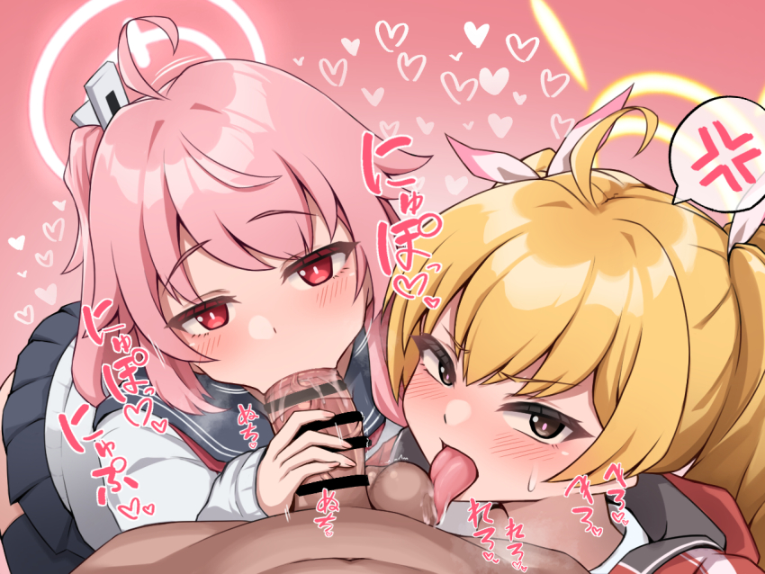 1boy 2girls ahoge anger_vein bar_censor black_skirt black_thighhighs blonde_hair blue_archive blush bright_pupils brown_eyes cardigan censored fellatio ffm_threesome fingernails furrowed_brow group_sex half-closed_eyes halo hand_up heart hetero jacket kazami_windy licking licking_testicle loli long_sleeves looking_at_viewer multiple_girls natsu_(blue_archive) oral penis penis_grab pink_background pink_hair pink_halo pink_pupils pleated_skirt pov pov_crotch red_eyes red_jacket sailor_collar side_ponytail simple_background skirt spoken_anger_vein sweatdrop teamwork_(sexual) testicles thighhighs threesome tongue tongue_out twintails white_cardigan white_pupils yellow_halo yoshimi_(blue_archive)