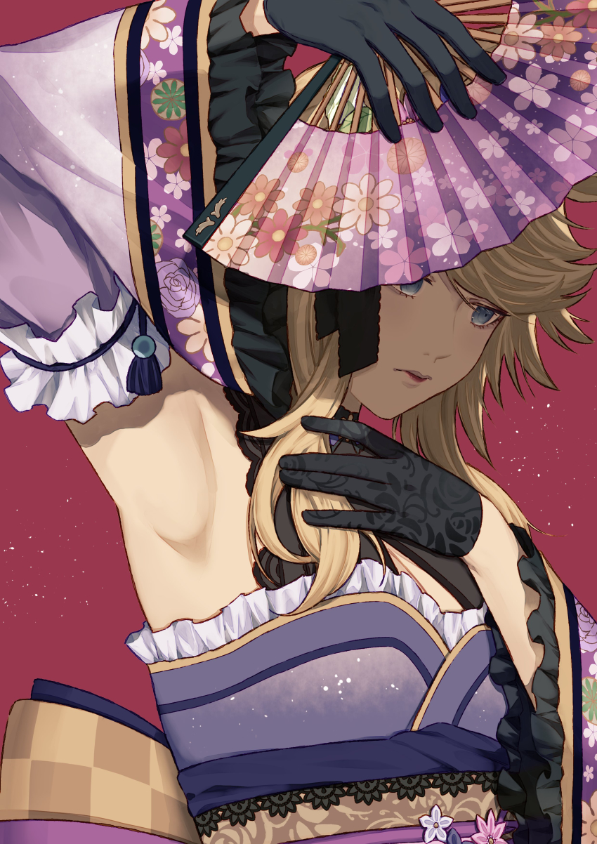 1girl absurdres animal_ears arm_up armpit_focus armpits bad_id bad_pixiv_id black_gloves blonde_hair blue_eyes breasts cleavage_cutout clothing_cutout commentary_request detached_sleeves folding_fan frilled_kimono frilled_sleeves frills gloves gold_city_(akizakura_danzatrice)_(umamusume) gold_city_(umamusume) hand_fan highres holding holding_fan horse_ears horse_girl japanese_clothes jugemu_(qqkyon) kimono long_hair looking_down obi official_alternate_costume parted_lips purple_kimono purple_sleeves red_background sash sidelocks simple_background sleeveless sleeveless_kimono small_breasts solo standing swept_bangs umamusume upper_body