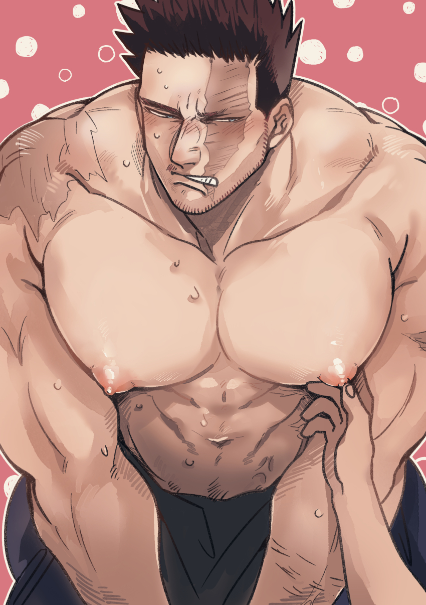 2boys abs absurdres bara black_pants blush boku_no_hero_academia burn_scar clenched_teeth endeavor_(boku_no_hero_academia) gold_5610 highres large_pectorals male_focus mature_male multiple_boys muscular muscular_male navel nipple_stimulation nipple_tweak nipples pants pectoral_focus pectorals pov pov_hands red_hair scar scar_on_face short_hair solo_focus teeth topless_male yaoi