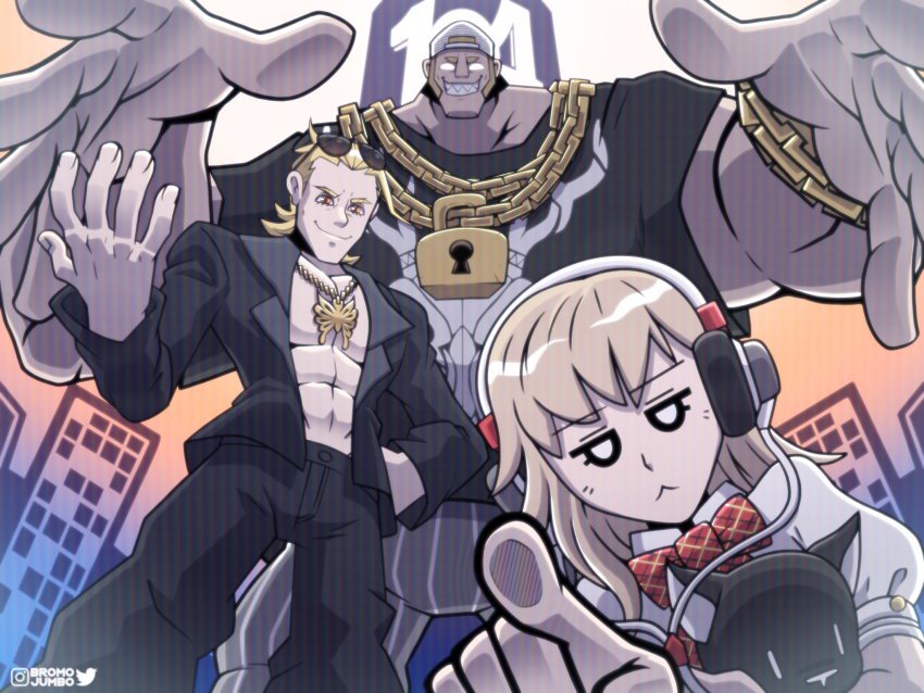 1girl 2boys abs black_pants black_shirt black_suit blonde_hair bow bracelet butterfly_necklace chain chain_necklace city deer_print eyebrows_hidden_by_hair eyelashes formal_clothes glowing glowing_eyes grey_hair headphones highres holding holding_stuffed_toy jacket jewelry lock long_hair matsunae_tsugumi multiple_boys necklace no_shirt nyantan open_clothes open_jacket orange_eyes padlock pants pinstripe_pants pinstripe_pattern plaid_bow red_bow sharp_teeth shiba_(ntwewy) shin_subarashiki_kono_sekai shirt striped stuffed_animal stuffed_cat stuffed_toy subarashiki_kono_sekai suit sunglasses_on_head susukichi_(ntwewy) teeth white_eyes