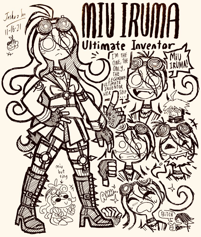 1girl 2boys :&lt; :d absurdres ahoge antenna_hair arrow_(symbol) barbed_wire blush blush_stickers boots breasts character_name chibi chibi_inset choker cleavage closed_eyes closed_mouth danganronpa_(series) danganronpa_v3:_killing_harmony dated drooling english_text eyelashes fangs fingerless_gloves full_body gloves goggles goggles_on_head greyscale hatching_(texture) high_heel_boots high_heels highres holding holding_wrench josh-s26 k1-b0 long_sleeves monochrome multiple_boys multiple_views oma_kokichi open_mouth sharp_teeth shirt short_hair signature simple_background skirt smile sparkle speech_bubble spikes standing teeth upper_teeth_only wrench