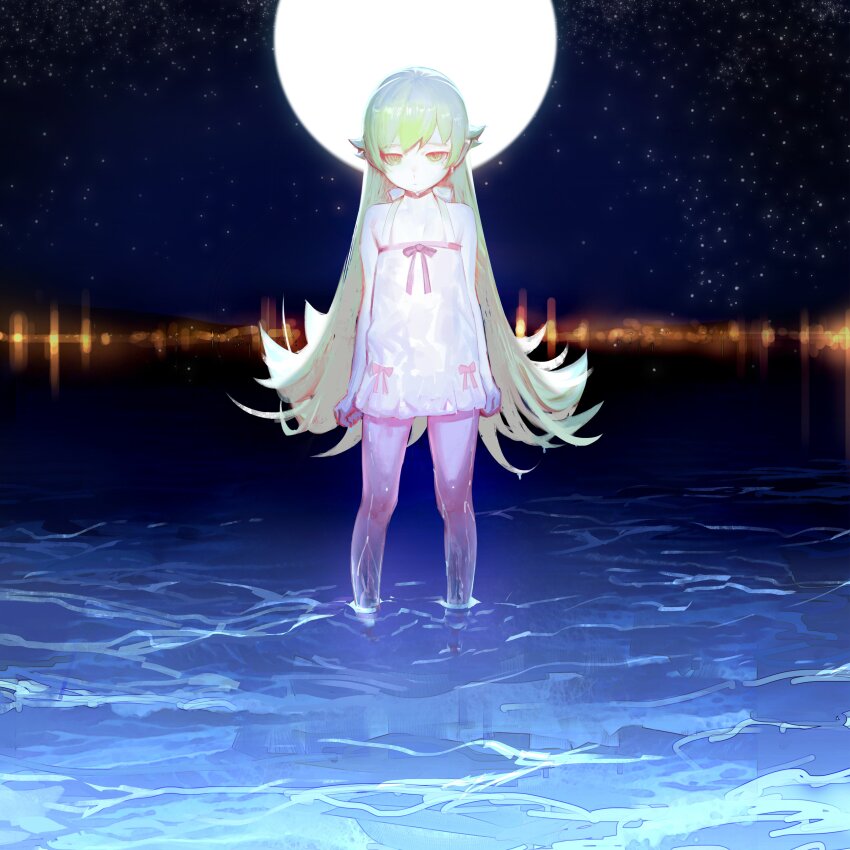 1girl absurdres apron arms_at_sides back_bow bare_arms bare_legs blonde_hair bow bow_apron city_lights clenched_hands closed_mouth collarbone dot_mouth dot_nose expressionless flat_chest flipped_hair full_body full_moon hair_between_eyes hair_flaps highres long_hair looking_at_viewer monogatari_(series) moon narrowed_eyes night night_sky oshino_shinobu red_bow shallow_water shishirui_san sidelocks sky solo star_(sky) very_long_hair wading water white_apron yellow_eyes