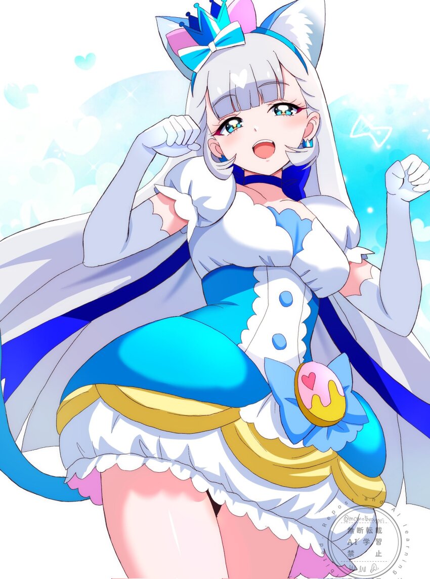 adapted_costume blue_eyes bow cosplay cowboy_shot cure_macaron cure_macaron_(cosplay) cure_nyammy dress earrings elbow_gloves food-themed_brooch food-themed_hair_ornament gloves hair_ornament highres jewelry long_hair macaron_hair_ornament magical_girl momotarouooi nekoyashiki_yuki pom_pom_(clothes) pom_pom_earrings precure two-tone_dress white_dress white_gloves wonderful_precure!