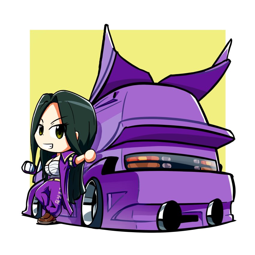1girl absurdres black_hair bousouzoku brown_eyes brown_shoes chest_sarashi chibi commentary delinquent duz english_commentary hair_behind_ear highres idolmaster idolmaster_cinderella_girls jacket long_hair looking_at_viewer motor_vehicle mukai_takumi pants purple_jacket purple_pants sarashi shoes smile solo toyota toyota_hiace van vehicle_focus very_long_hair