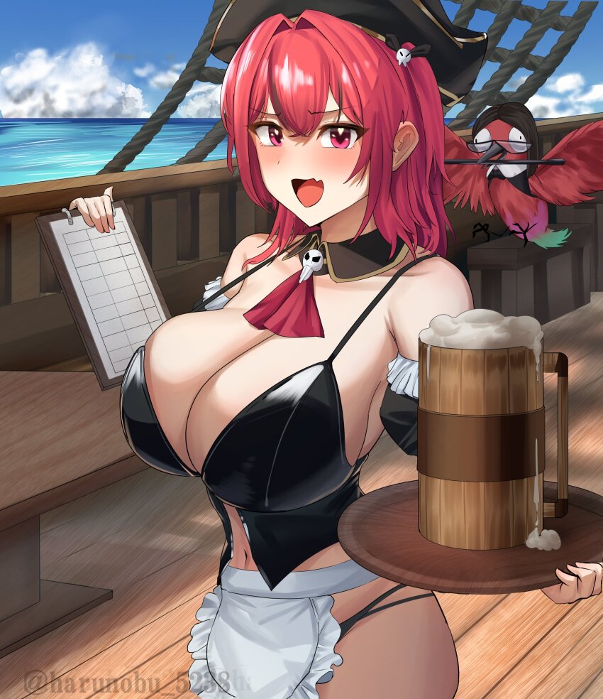 1girl absurdres apron beer_mug bird breasts cup fang goddess_of_victory:_nikke hat heart heart-shaped_pupils highres large_breasts looking_at_viewer maid maid_apron mast_(nikke) mast_(romantic_maid)_(nikke) morgan_(nikke) mug nakamura_harunobu navel navel_peek official_alternate_costume parrot pirate pirate_hat pirate_ship red_eyes red_hair ship_deck skin_fang smile solo symbol-shaped_pupils