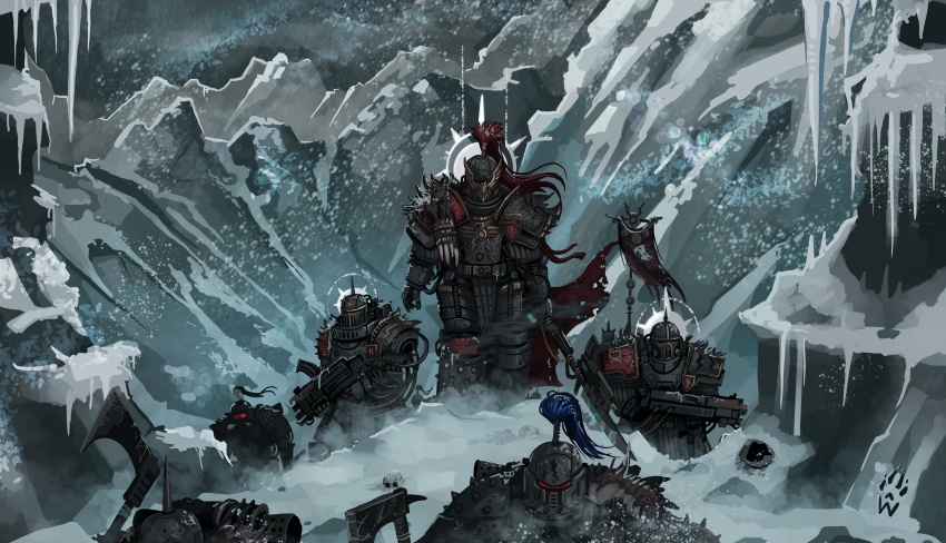 6+boys absurdres adeptus_custodes armor artist_logo axe banner battle_standard blue_plume breastplate cable cape climbing cloak cloud cloudy_sky combat_helmet commentary constantin_valdor eagle_head_(ornament) energy_spear english_commentary full_armor full_body gauntlets greaves grey_armor halo helmet highres himalayas holding holding_axe holding_bolter holding_polearm holding_weapon icicle imperial_aquila imperium_of_man lightning_bolt_symbol logo magazine_(weapon) male_focus mountain mountainous_horizon multiple_boys outdoors pauldrons pelt pelvic_curtain pickelhaube plume polearm power_armor red_cloak red_eyes red_plume roman_numeral shield_print shoulder_armor skeleton skull sky snow snowing spiked_pauldrons thunder_warriors torn_cape torn_clothes vambraces war_banner warhammer_40k weapon white_halo wolfdawg_art